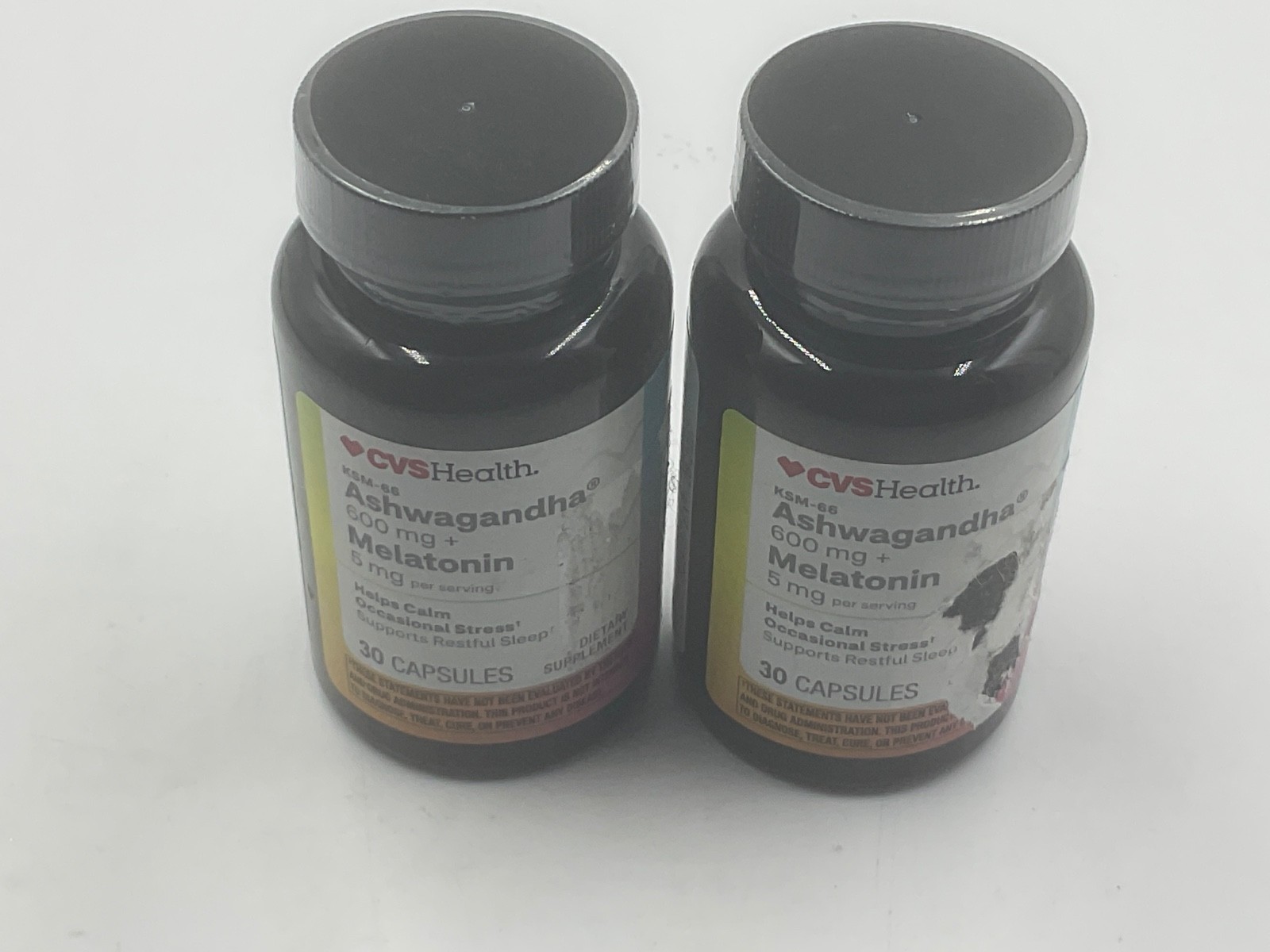 2 Bottles CVS Health Ashwagandha + Melatonin Tablets 30 caps each. 8/27