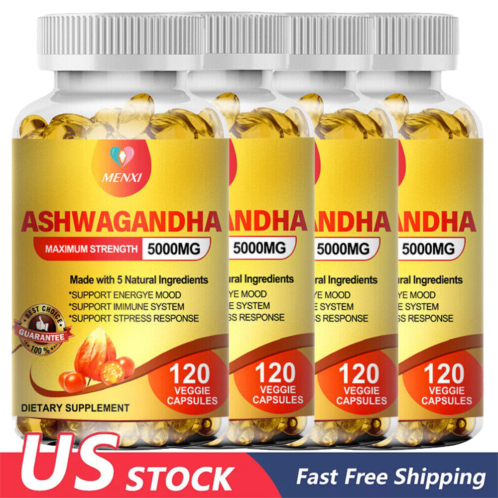 Organic Ashwagandha Capsules 5000mg Strong Stress & Adrenal Support 120 Capsules