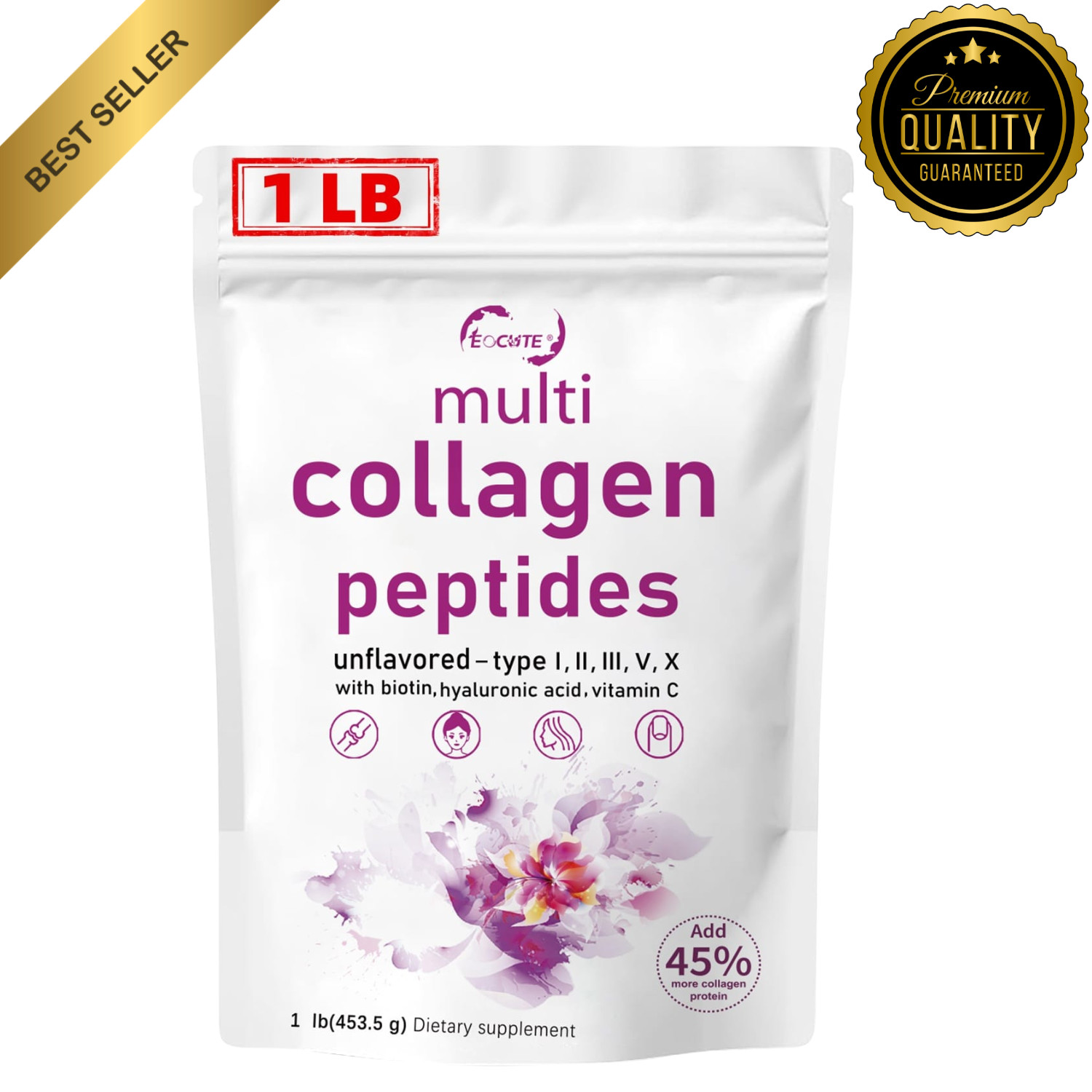 Multi Collagen Peptides Powder 1 LB Hydrolyzed Protein Peptide Type I,II,III,V,X