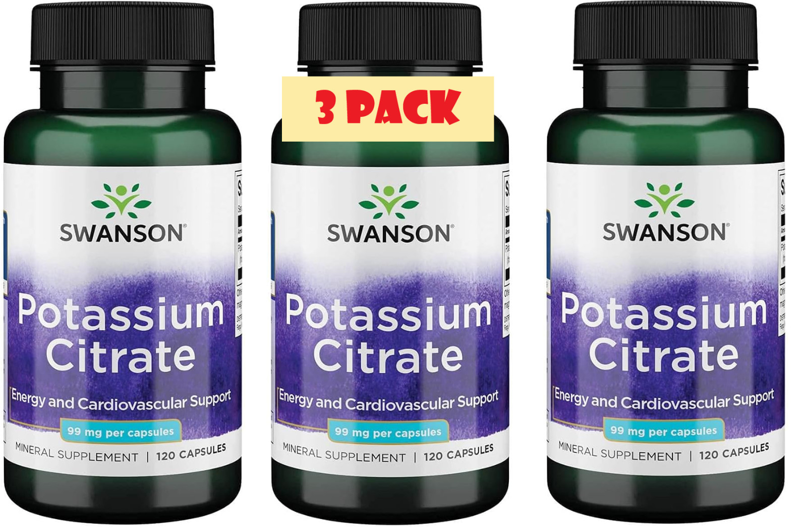 3 Pack Potassium Citrate 360caps (3×120) 99mg For Heart Cardiovascular Kindney