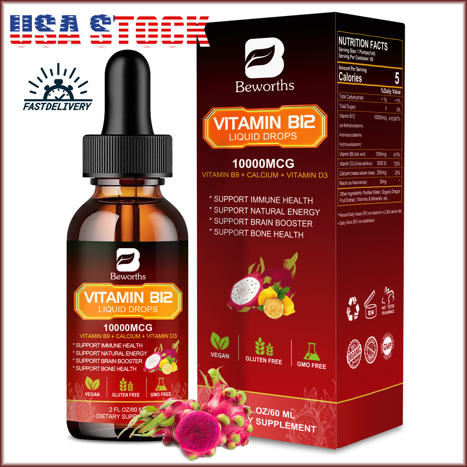 60ml  Vitamin B12 Liquid Drops,Sublingual Extra Strength Energy&Immune Support