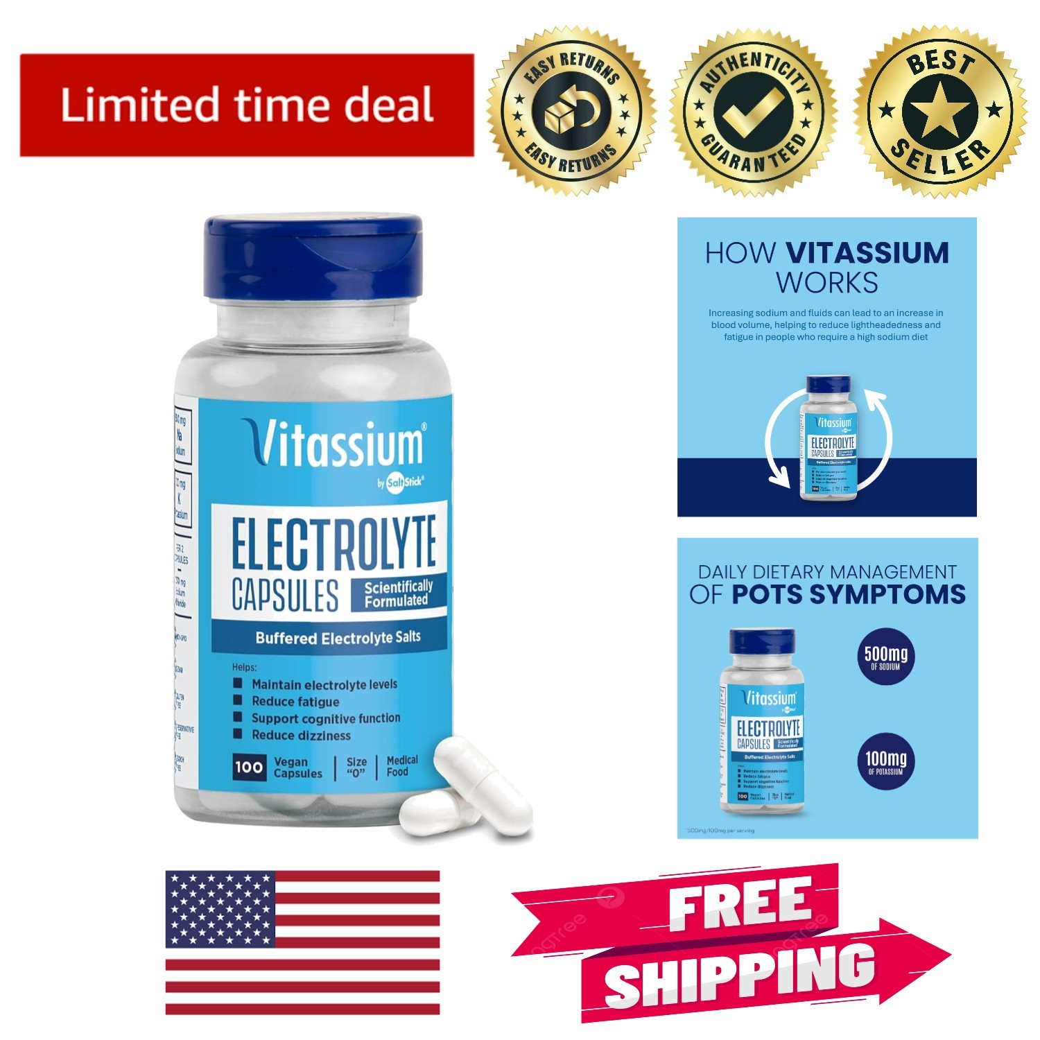 Electrolyte Capsules: 500mg Sodium & 100mg Potassium for POTS Relief – 100 Count