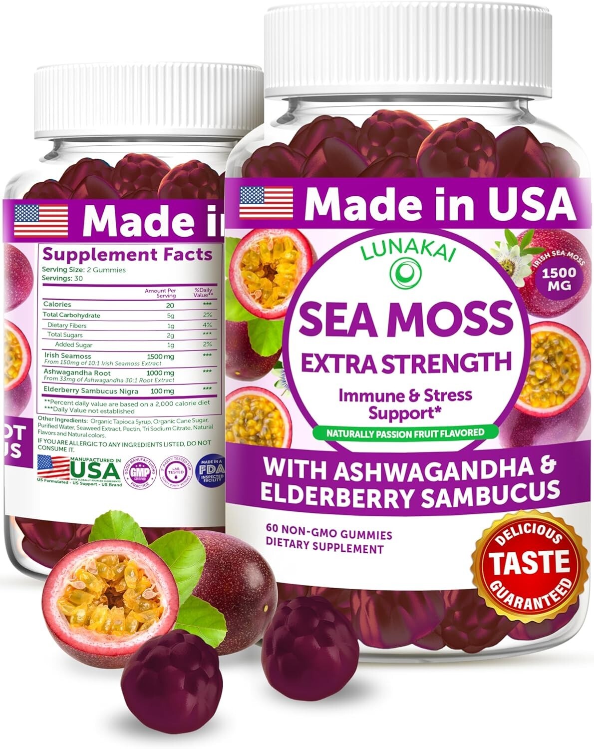 Lunakai Sea Moss Extra Strength 60 Gummies with Ashwagandha & Elderberry