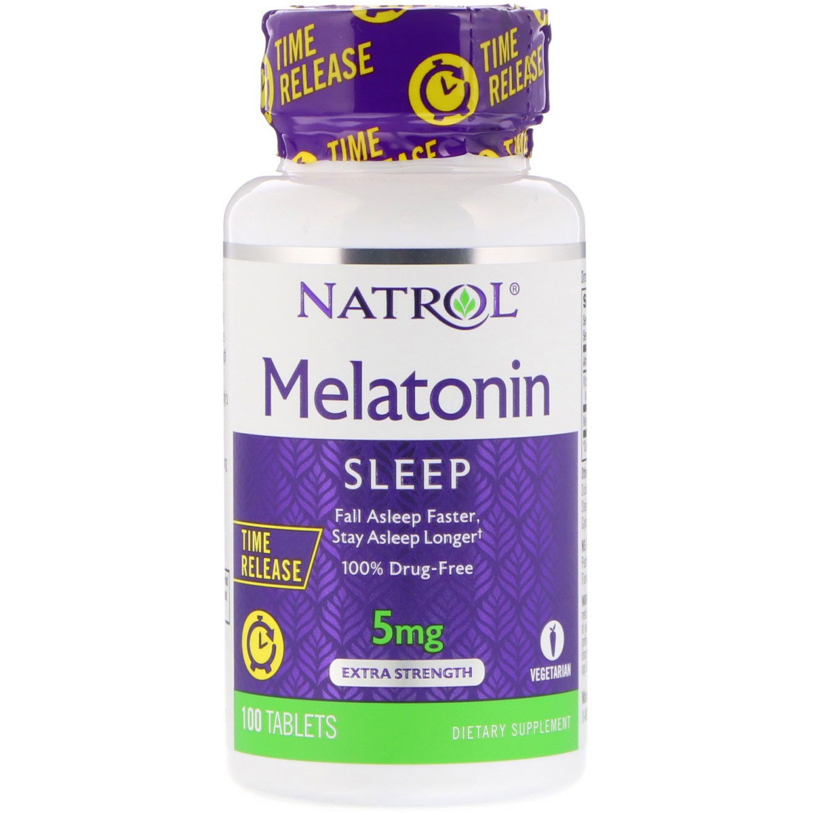 Natrol, (2 Pack) Melatonin, Time Release, Extra Strength, 5 mg, 100 Tablets