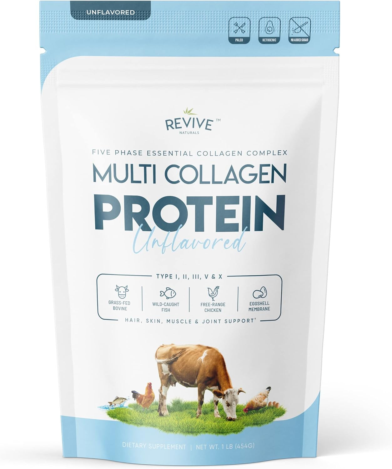Multi Collagen Hydrolyzed Protein Powder (16oz) – Types I, II, III, V & X – Gras