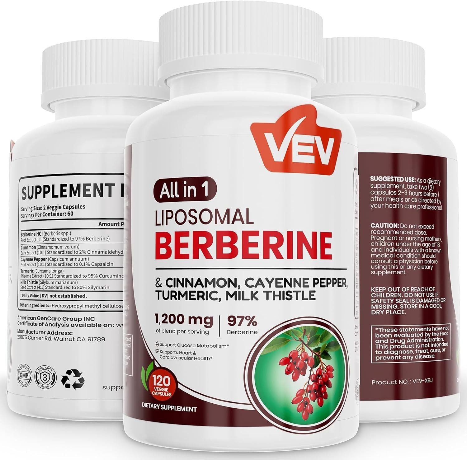 VEV Berberine Supplement with Ceylon Cinnamon, Cayenne Pepper, Turmeric, Milk…