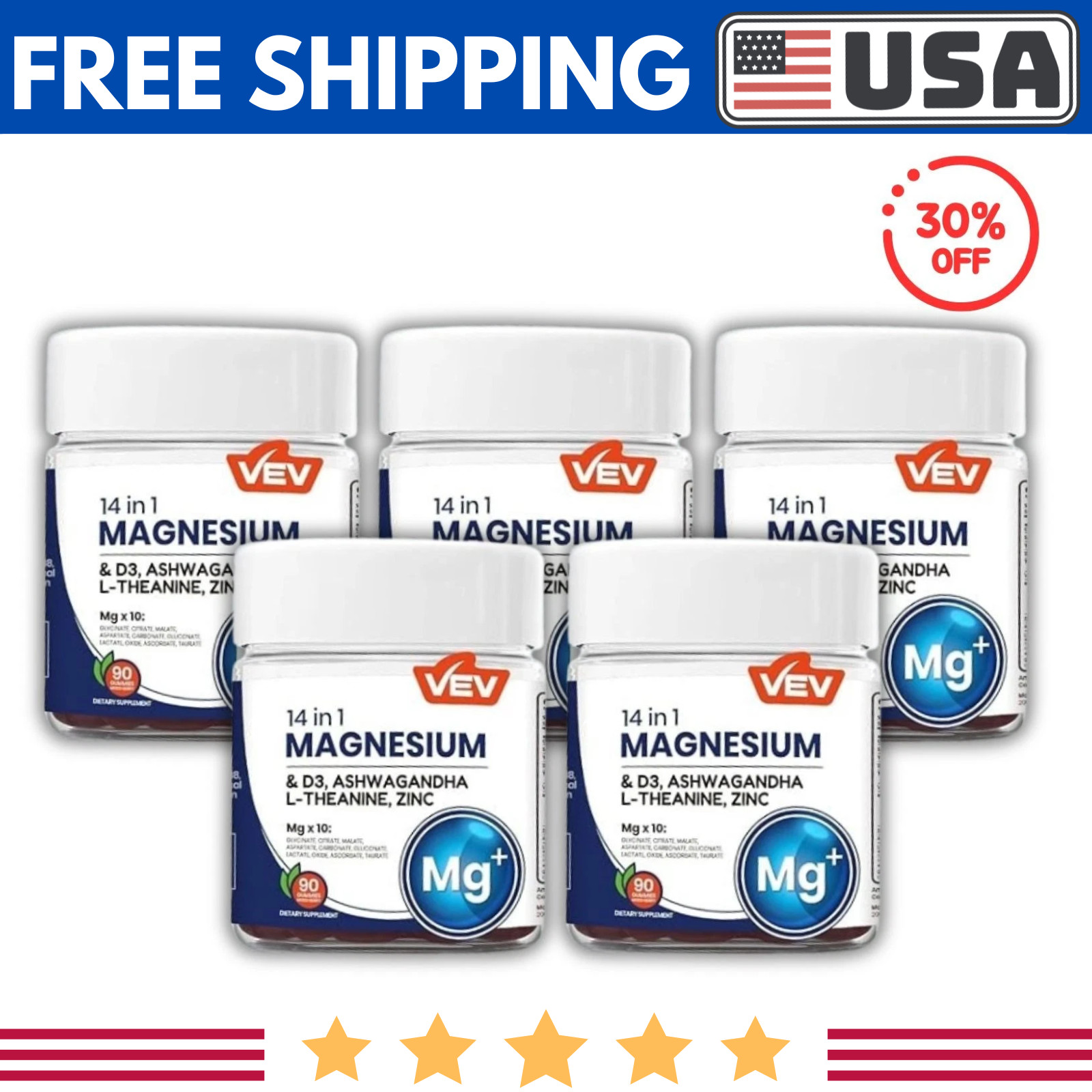 VEV 14-in-1 Magnesium Complex Gummies –L-Theanine,Cortisol Supplements 5 pack