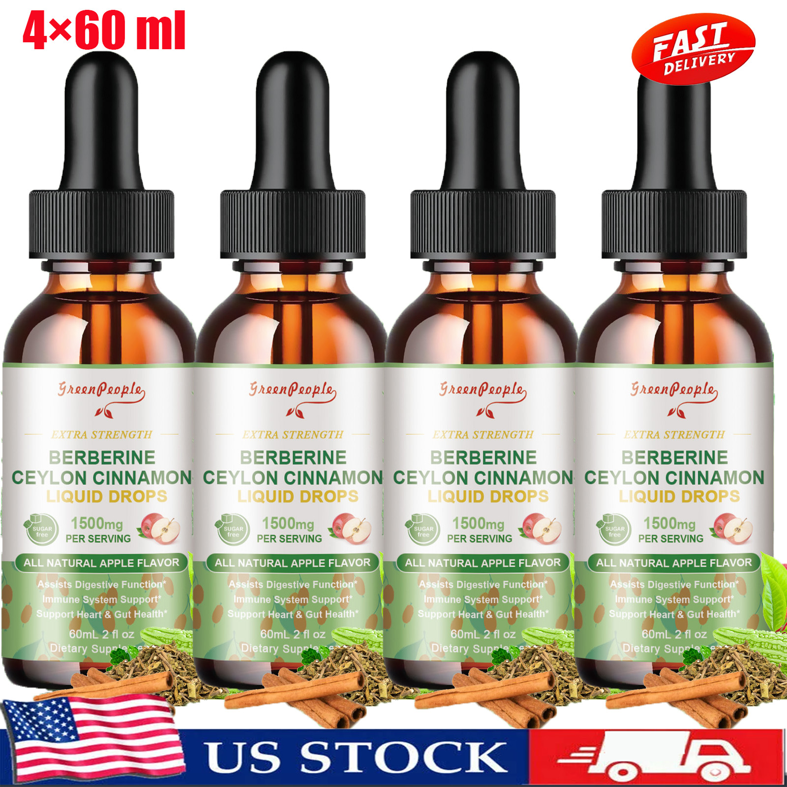 4 Pack Berberine Ceylon Cinnamon Liquid Drops 1500mg PER SERVING 120ml