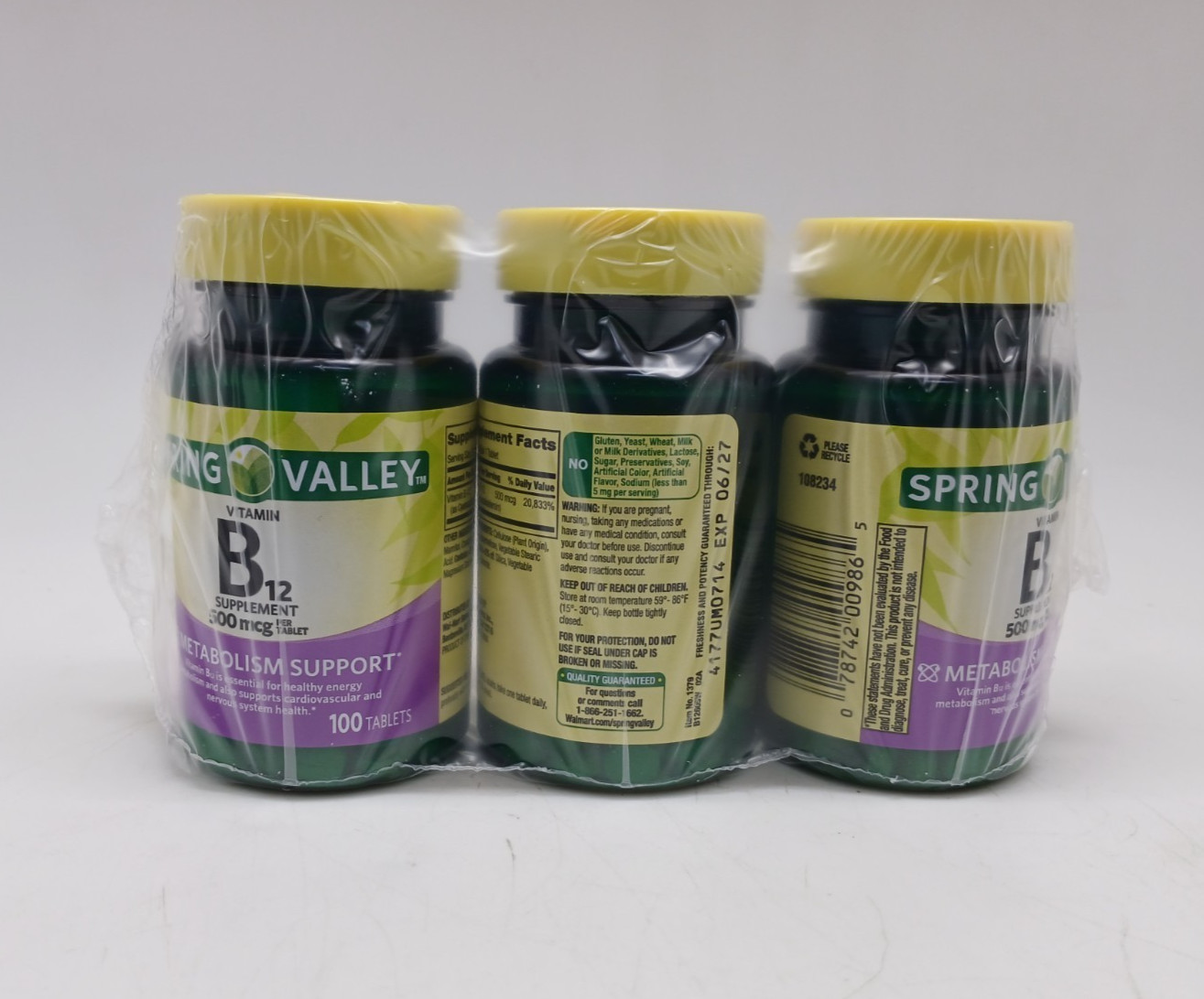 Spring Valley Vitamin B12 500mcg – 3 Pack (100 Tablets Each) | Energy Support