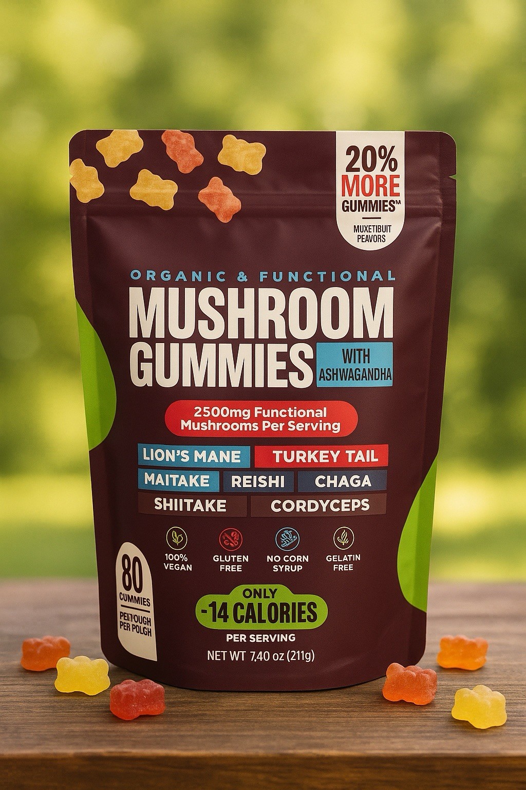 Mushroom Gummies with Ashwagandha-Nutritional Supplement-80 gummy-7.4Oz