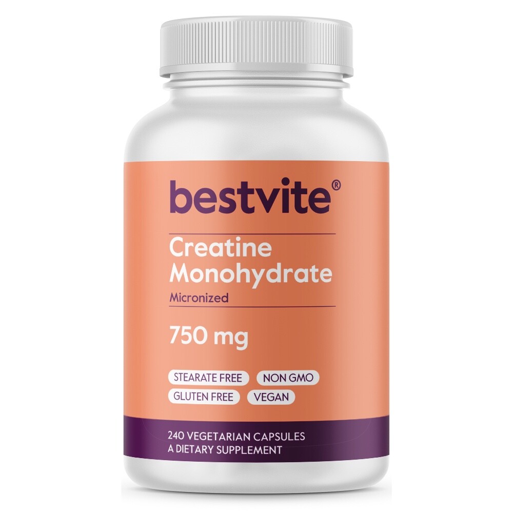 Creatine Monohydrate 750mg (240 Vegetarian Capsules)- Vegan-No Stearates