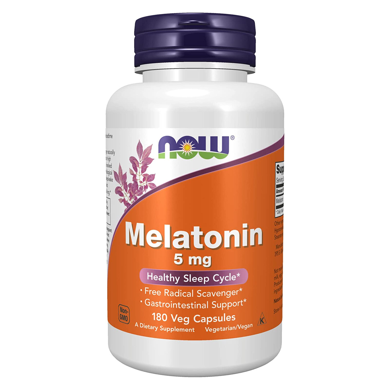 NOW Melatonin 5 mg 180 Veg Capsule, Free Radical Scavenger*, Healthy Sleep Cycle