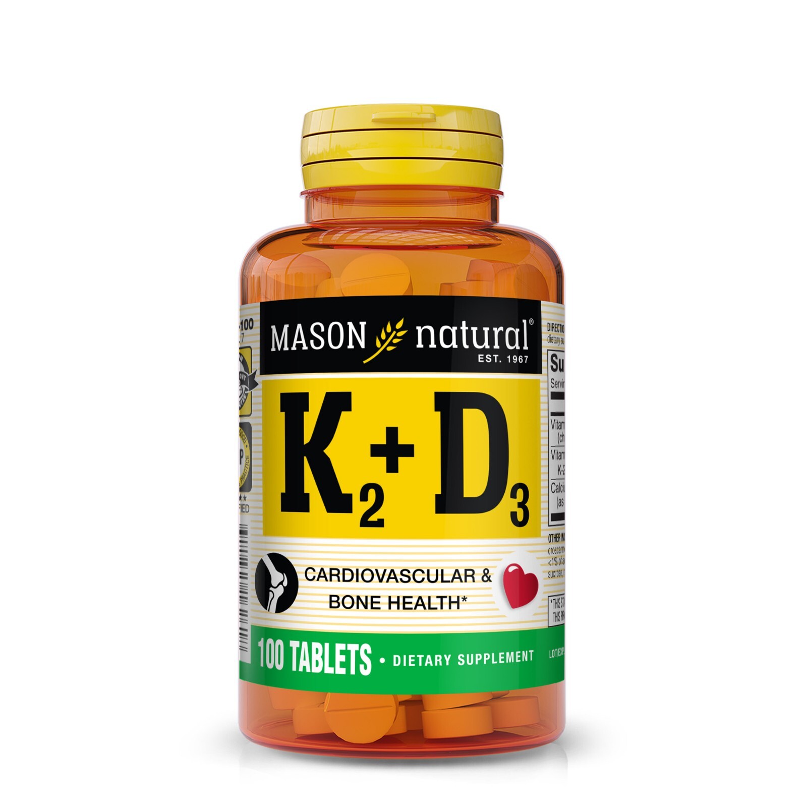 Mason Natural Vitamin K2 100 mcg with D3 – For Overall Health, 100 Tablets