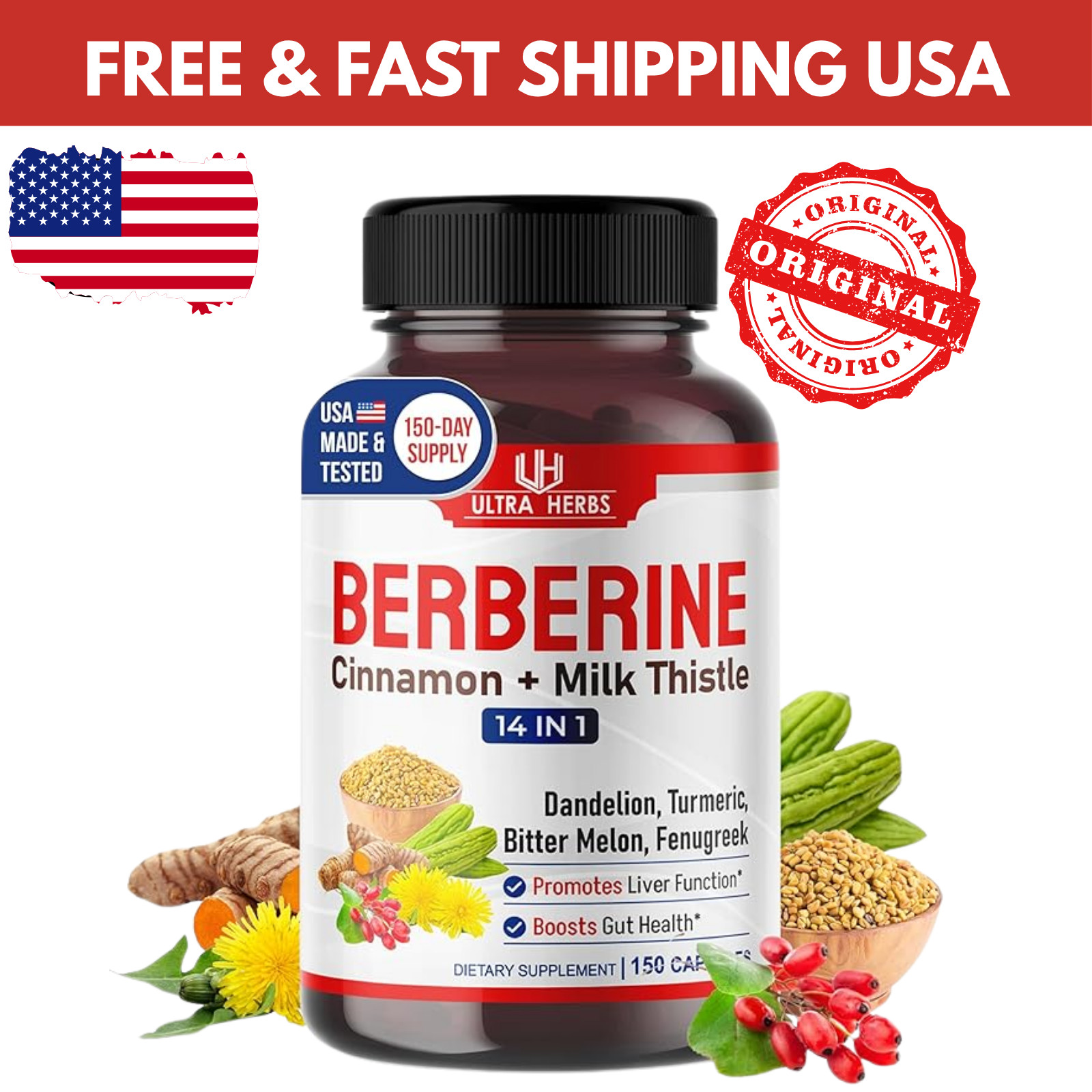 ULTRA HERBS Premium Berberine 12,200MG with Cinnamon, Milk Thistle *USA Made
