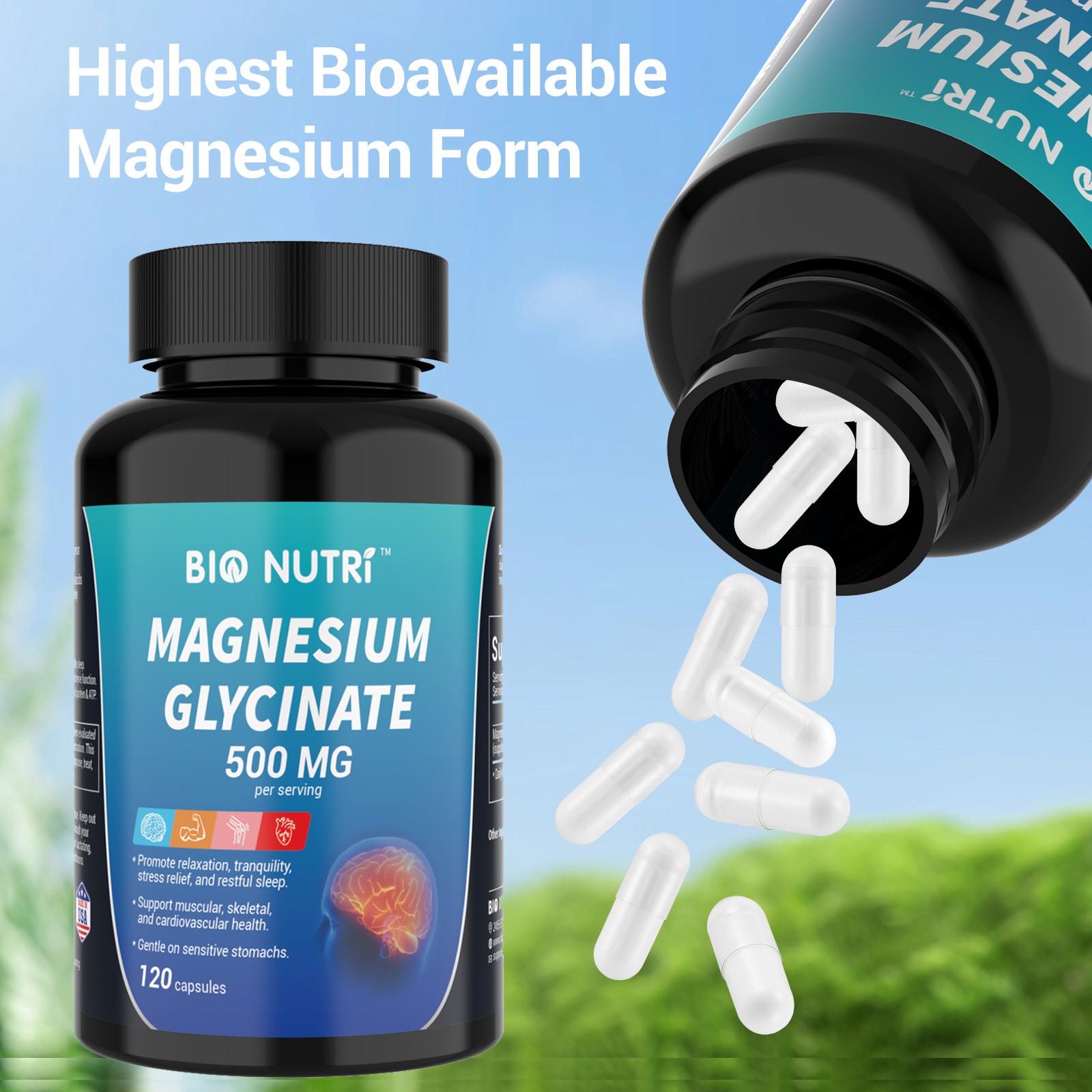 Magnesium Glycinate 500mg – 120 Capsules For Sleep, Stress Relief Support Bone