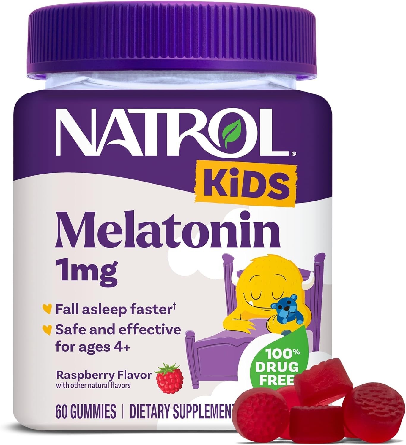 Natrol Kids Melatonin Sleep Gummies for Children, Raspberry Flavor, 1 mg, 60 Ct