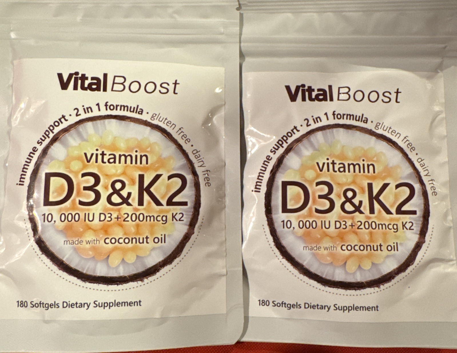 2 Vital Boost Vitamin D3 10000 iu Plus K2 MK-7 200 mcg Virgin Coconut Oil Softge