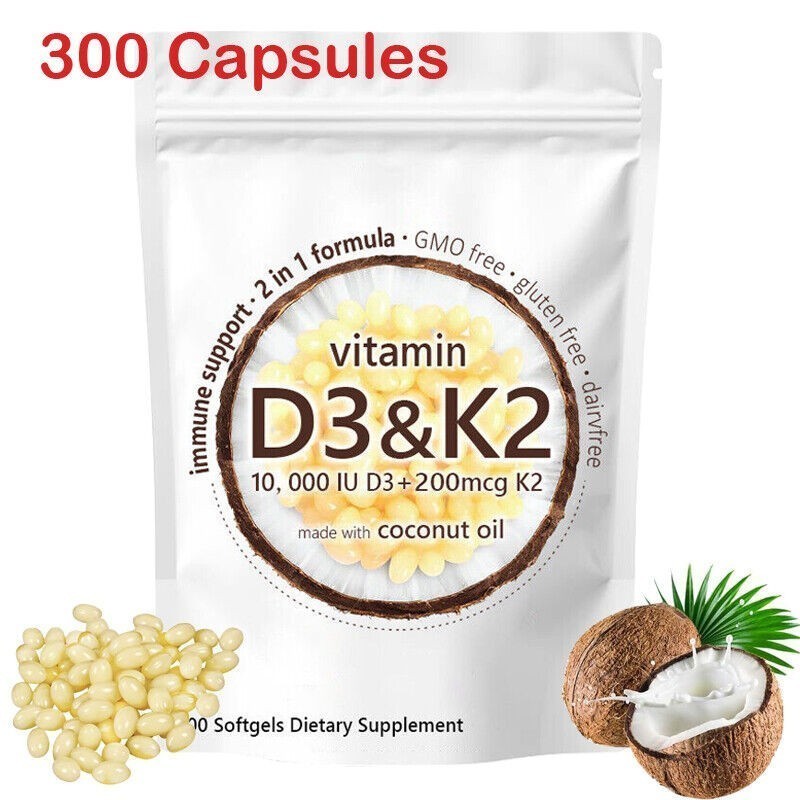 Vitamin D3 10000 iu Plus K2 (MK-7) 200 mcg, 300 Virgin Coconut Oil Softgels USA