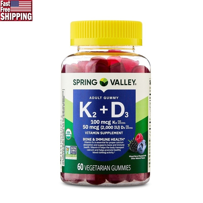 Vitamin K2 D3 Gummies Bone Immune Health Vegetarian Non-GMO 60 Count Mixed Berry