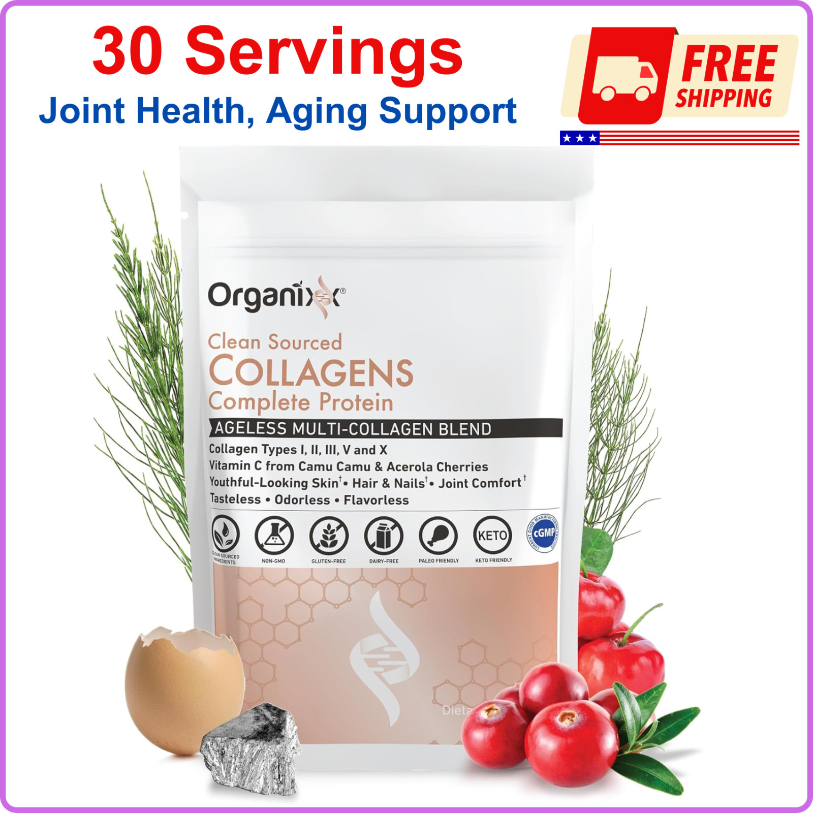 Collagen Peptides Powder w Vitamin C, Types I, II, III, V, X Hydrolyzed Collagen