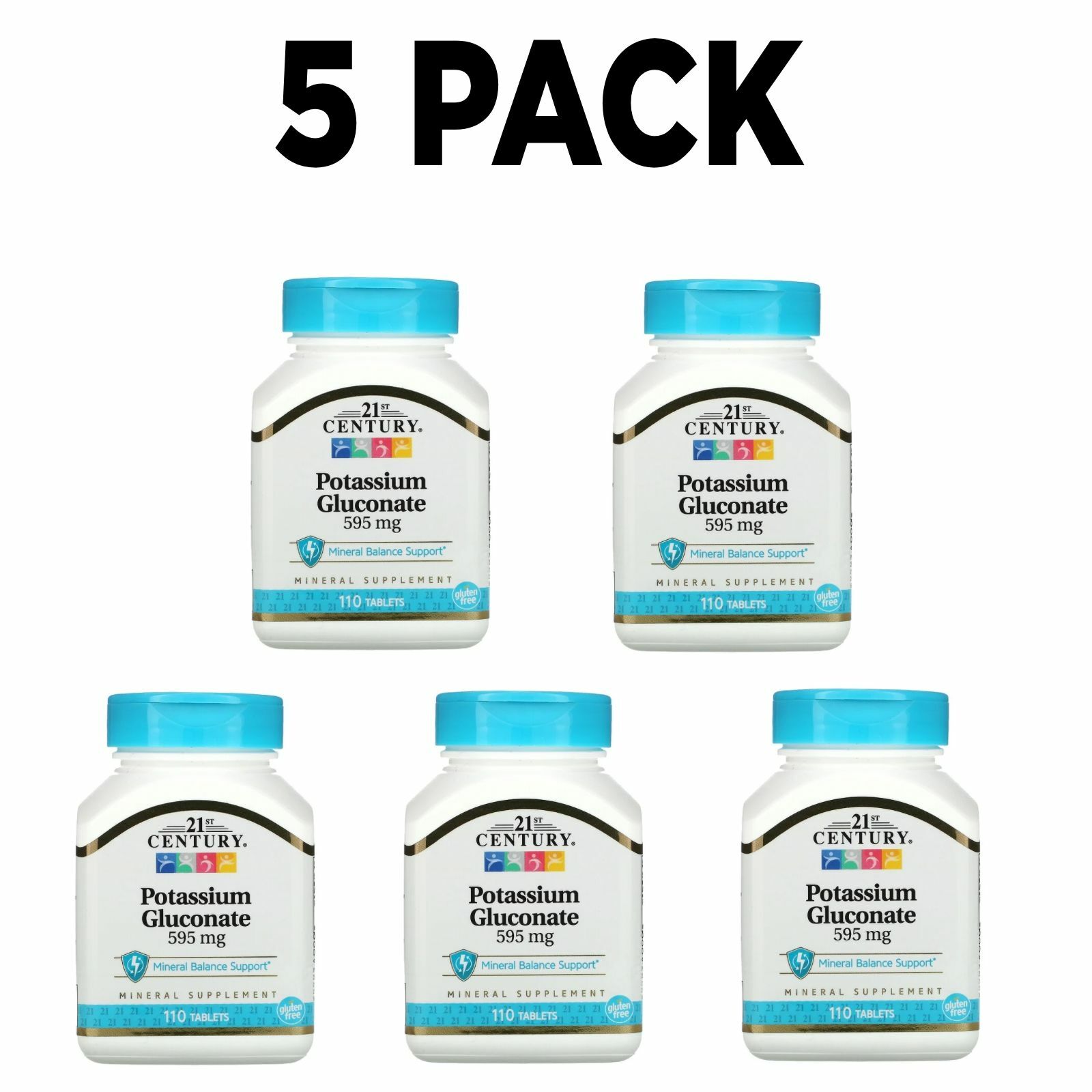 21st Century, Potassium Gluconate, 5 PACK, Mineral Balance, 595 mg, 110 Tablets