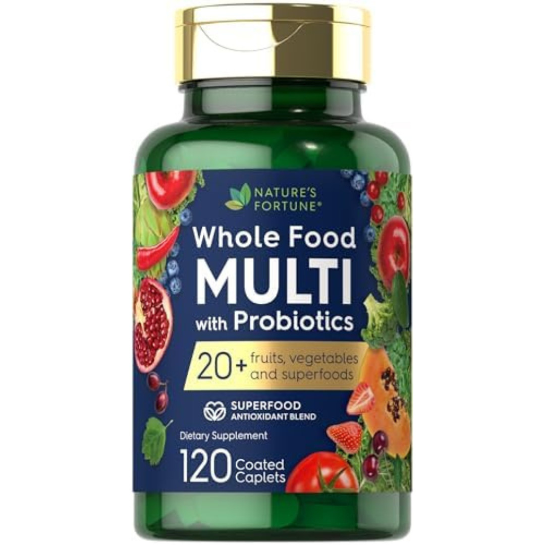 Whole Food Multivitamin with Probiotics| 120 Coated Caplets|Made with 20 Fruits