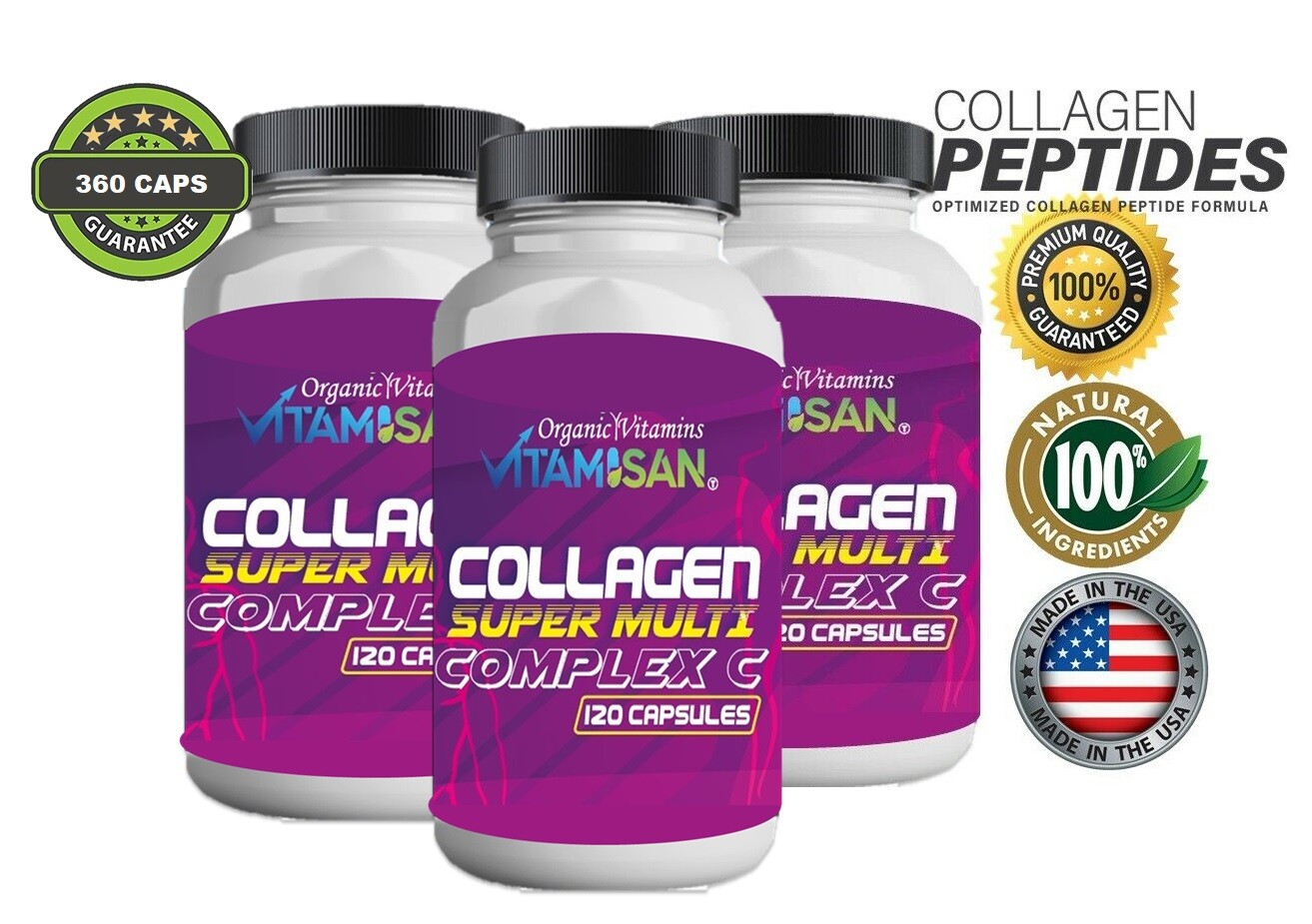 Collagen Multi Peptides Hydrolyzed Types I,II,III,V,X – 3 Bottles – Made In USA