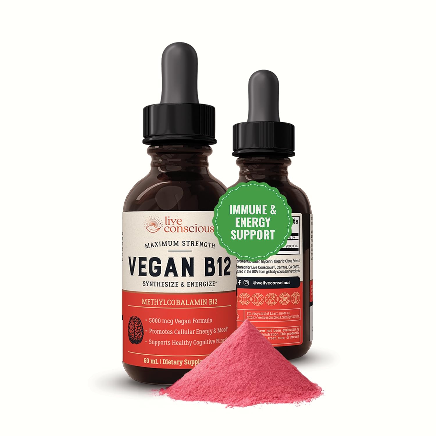 Live Conscious Vegan B12 Sublingual Drops 5000mcg Energy Memory Immune 60 Servin