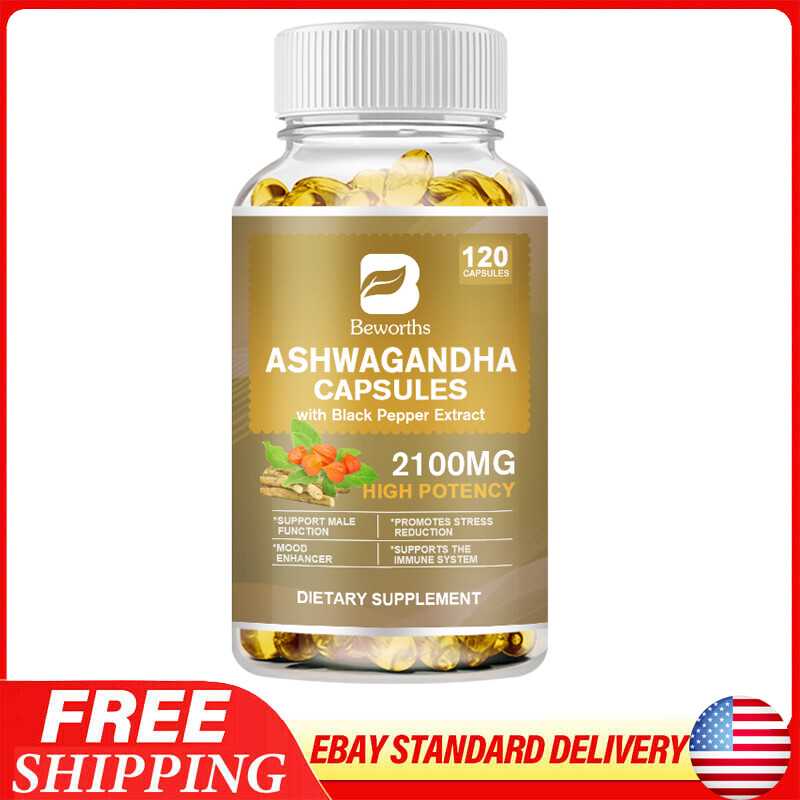 Organic Ashwagandha Capsules 2100mg Supplement w/ Black Pepper Root Powder Caps