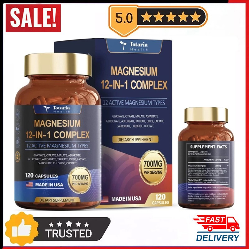 Magnesium 12 in 1 Complex 700mg – Glycinate Citrate Malate Taurate 120 Caps Gift