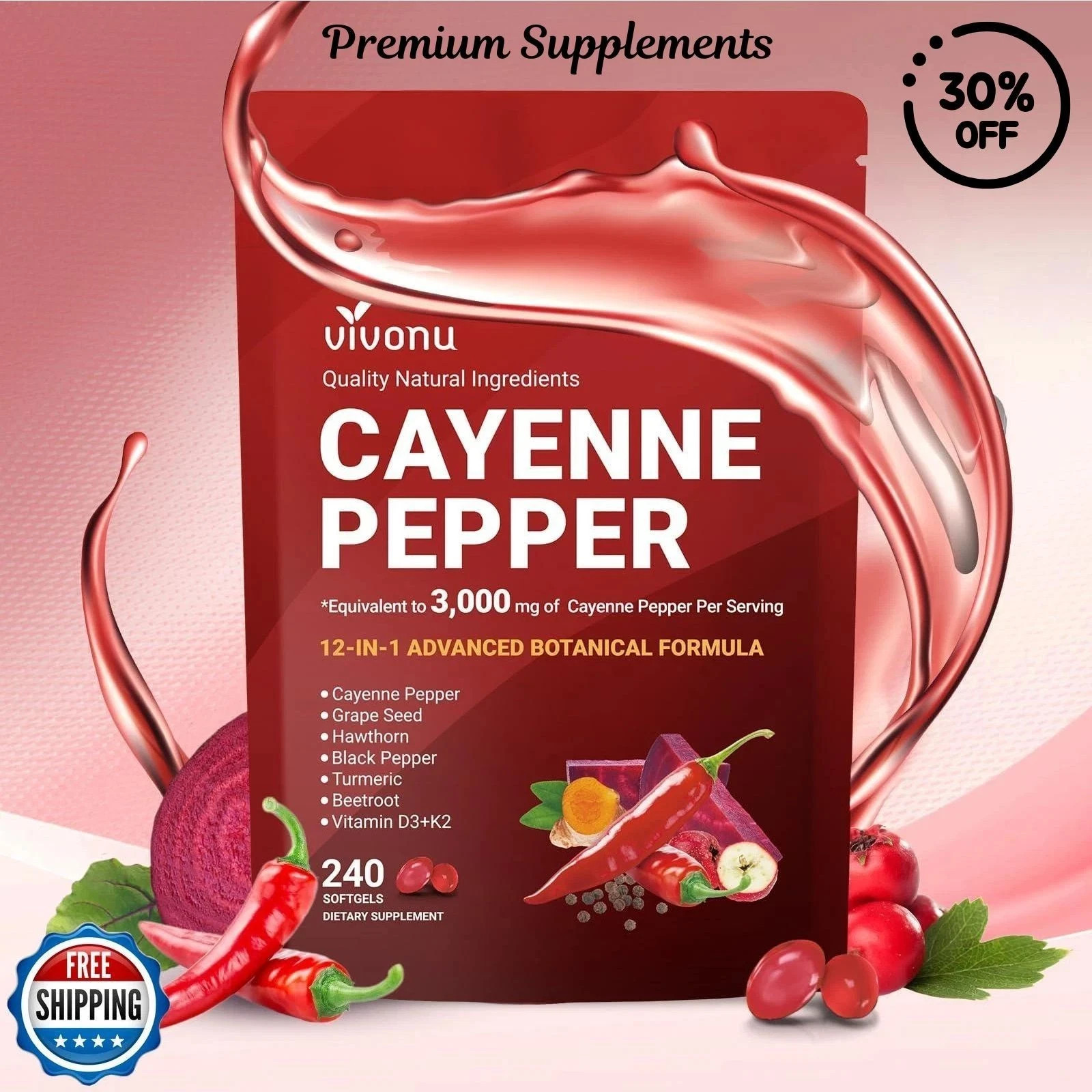 Cayenne Pepper Softgels Supplement, Supports Leg Vein, Heart and Blood Vessel US