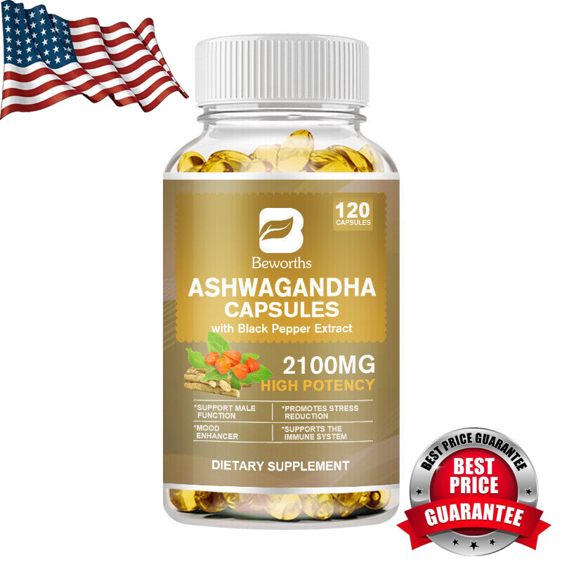 Organic Ashwagandha Capsules 2100mg With Black Pepper Extract High Potency 120pc