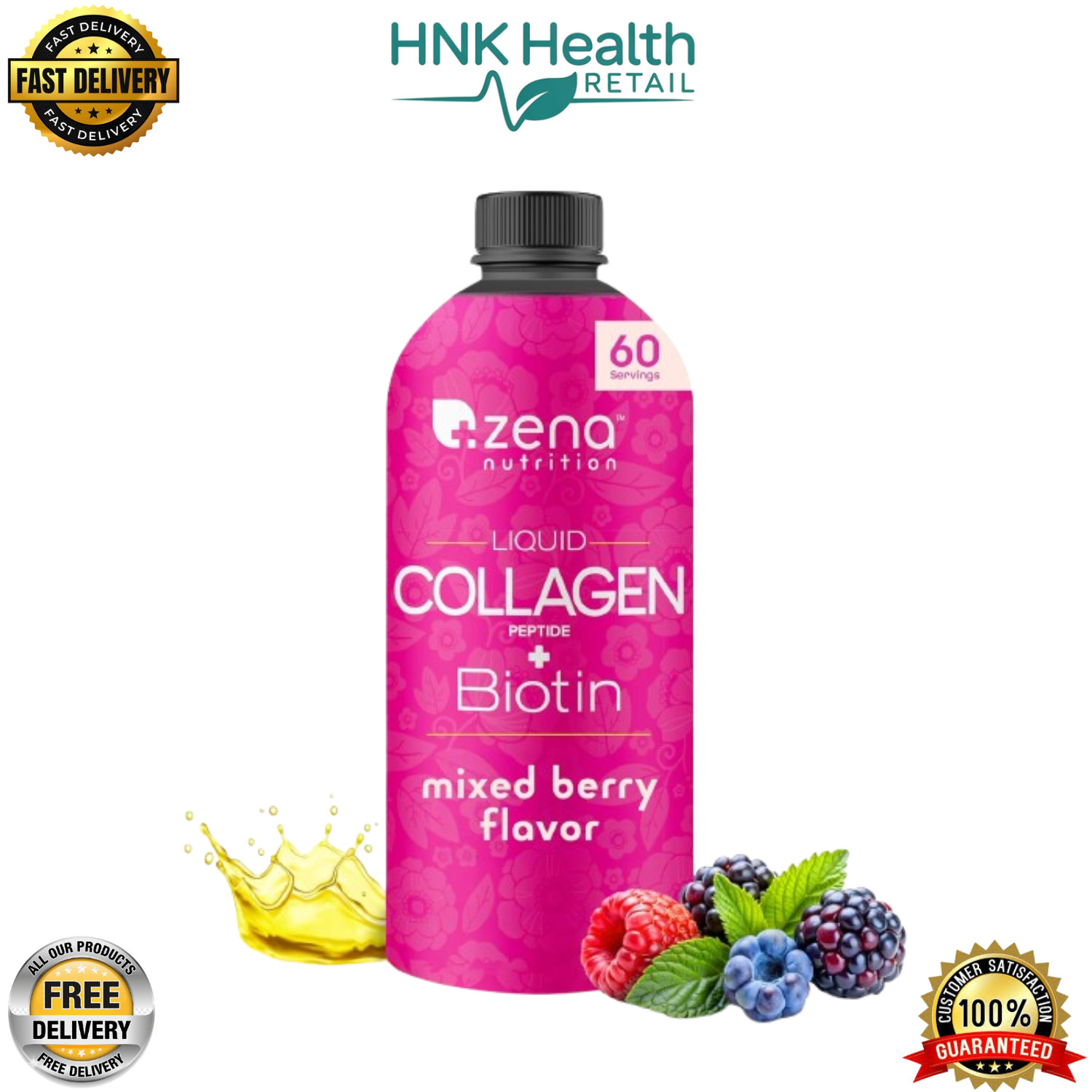 Zena Nutrition Liquid Collagen Peptides and Biotin, Mixed Berry, 60 Servings