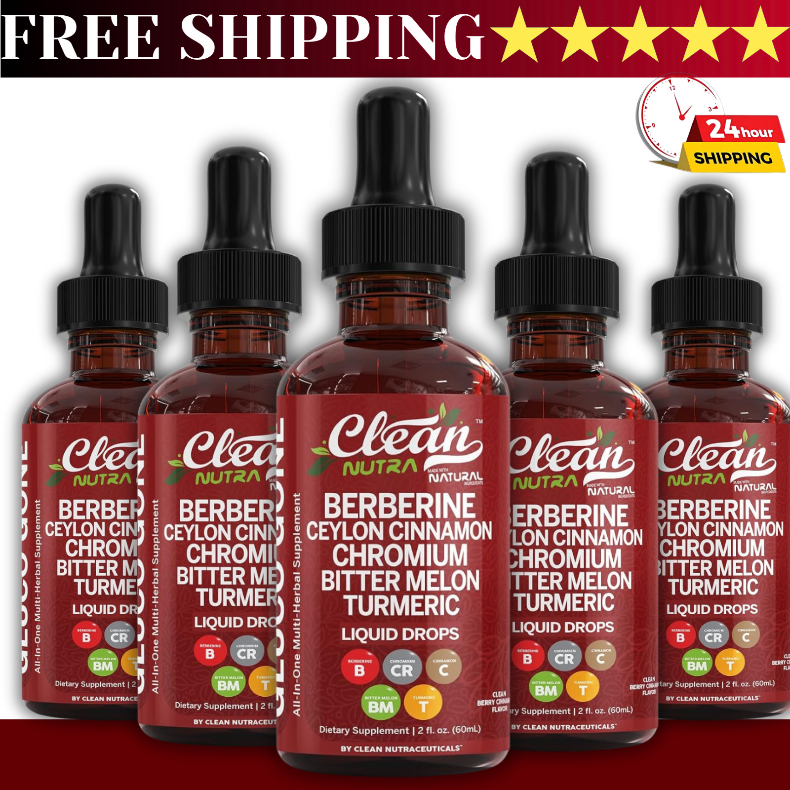 Clean Nutra Berberine with Ceylon Cinnamon Supplement Liquid Drops 5pack