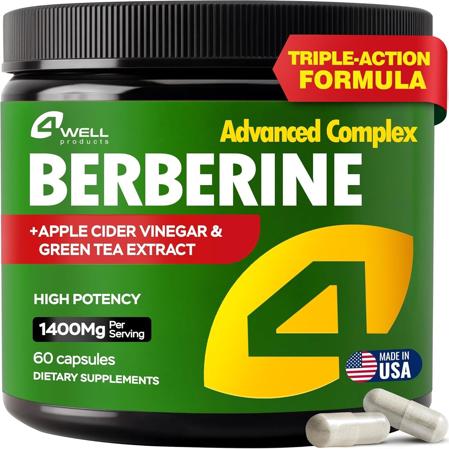 Premium Berberine HCL Extract 1400mg, Triple-Strength Blend with Apple Cider USA