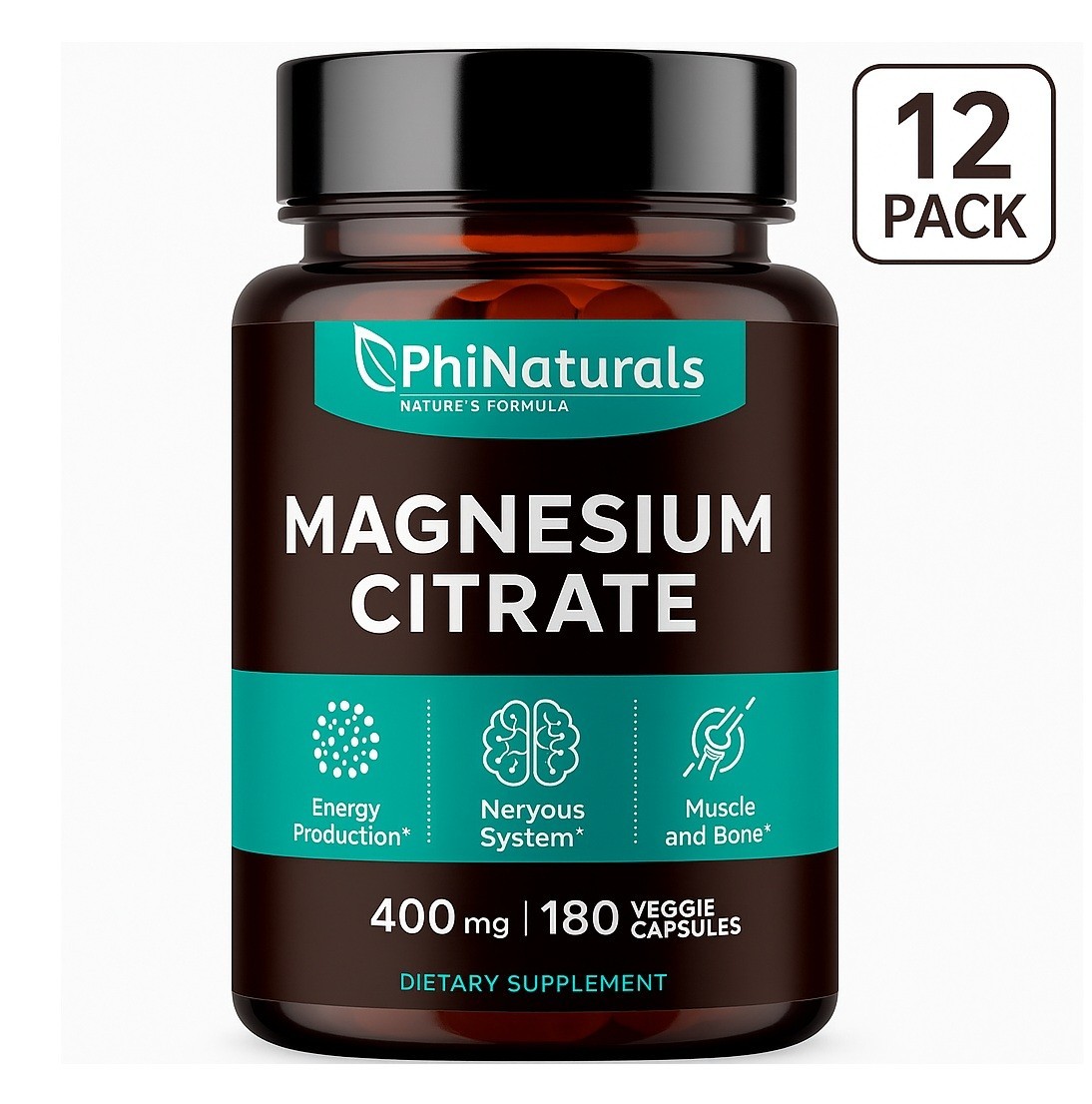 12  Pack PhiNaturals Magnesium Citrate 400mg 180 Caps  exp 07/2028