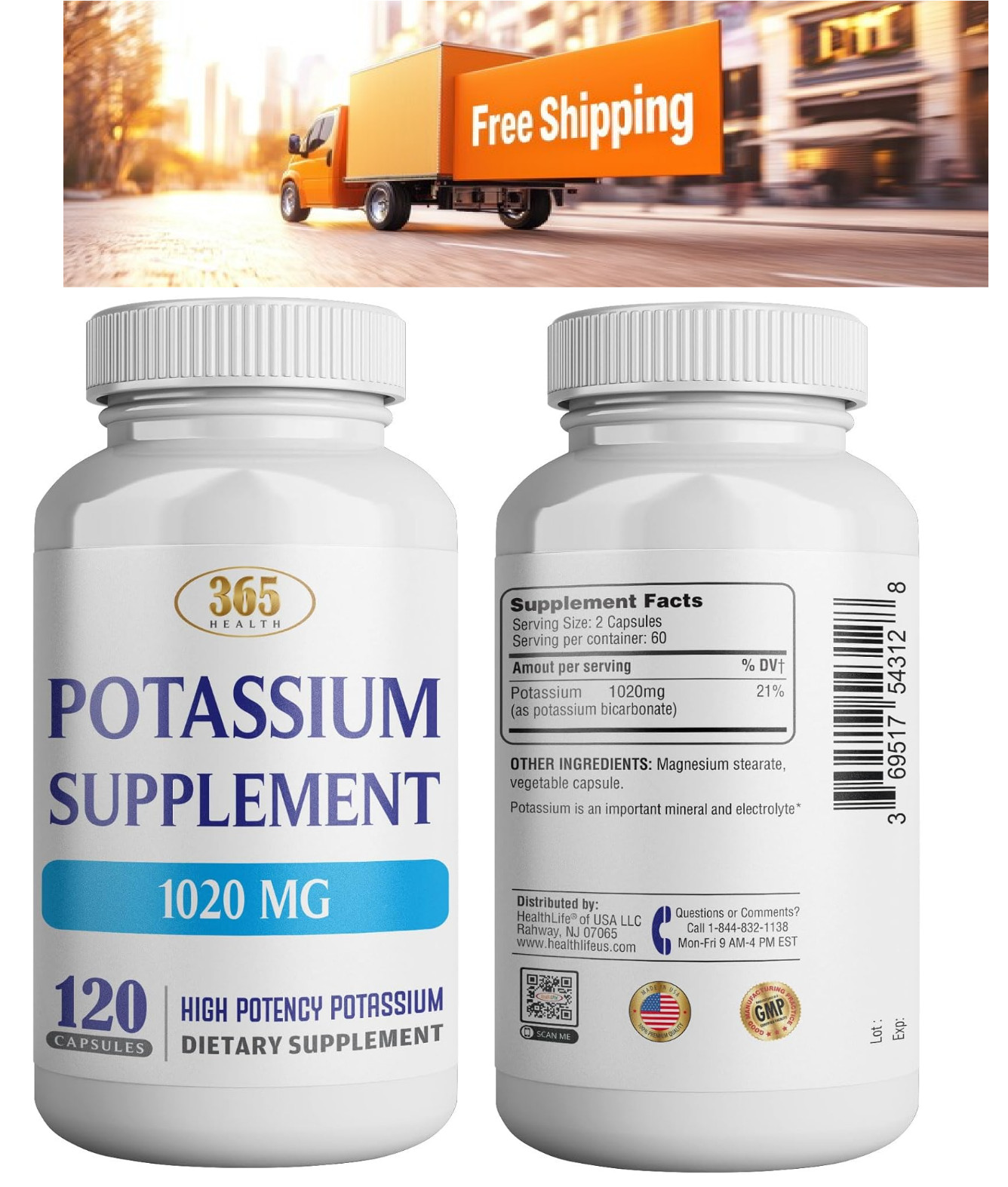 365 Health Potassium Supplement 1020 Mg | Potassium Bicarbonate | Non-Gmo | Glut