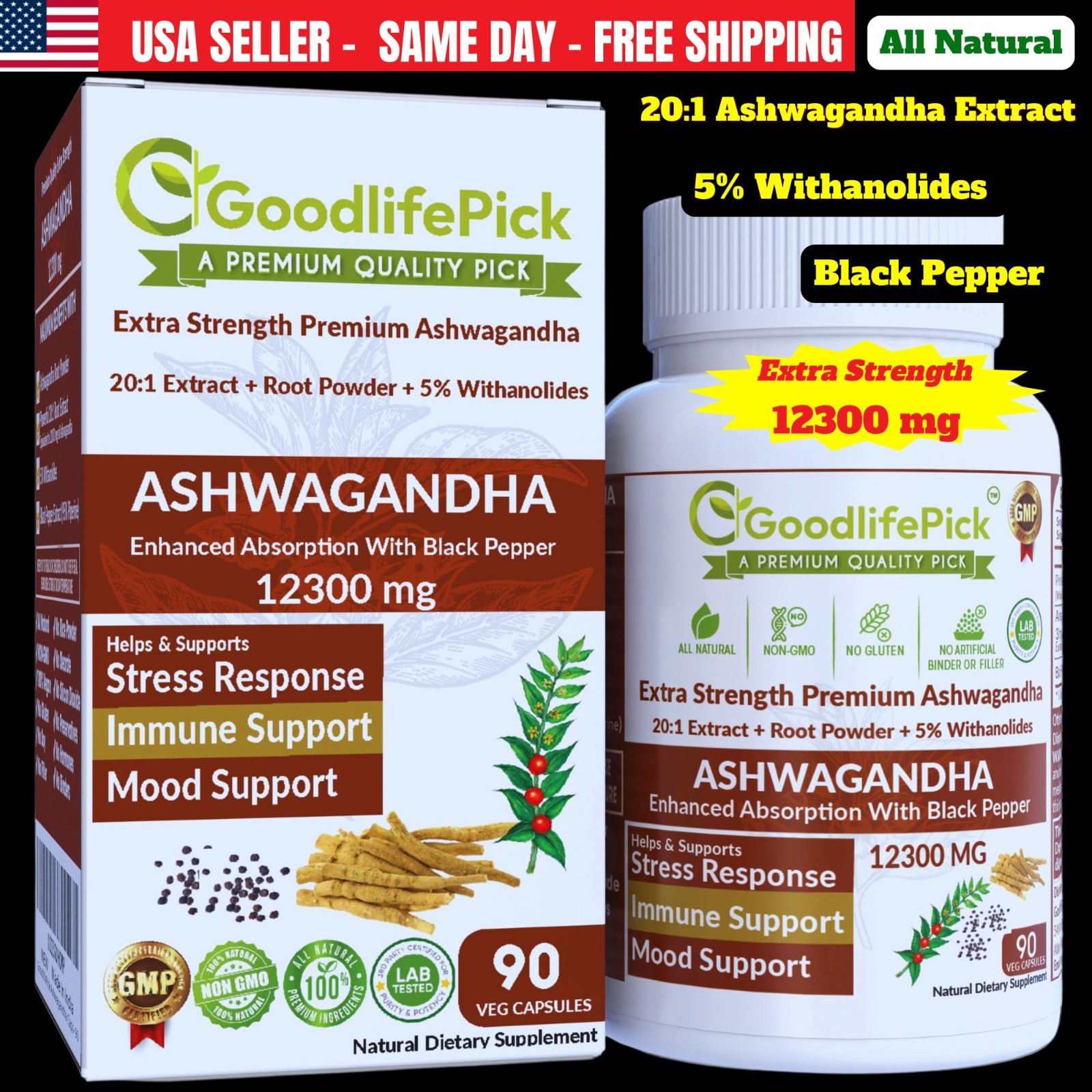 PremiuAshwagandha 12300 mg with 5% Withanolides & Black Pepper-90ct Max Benefits