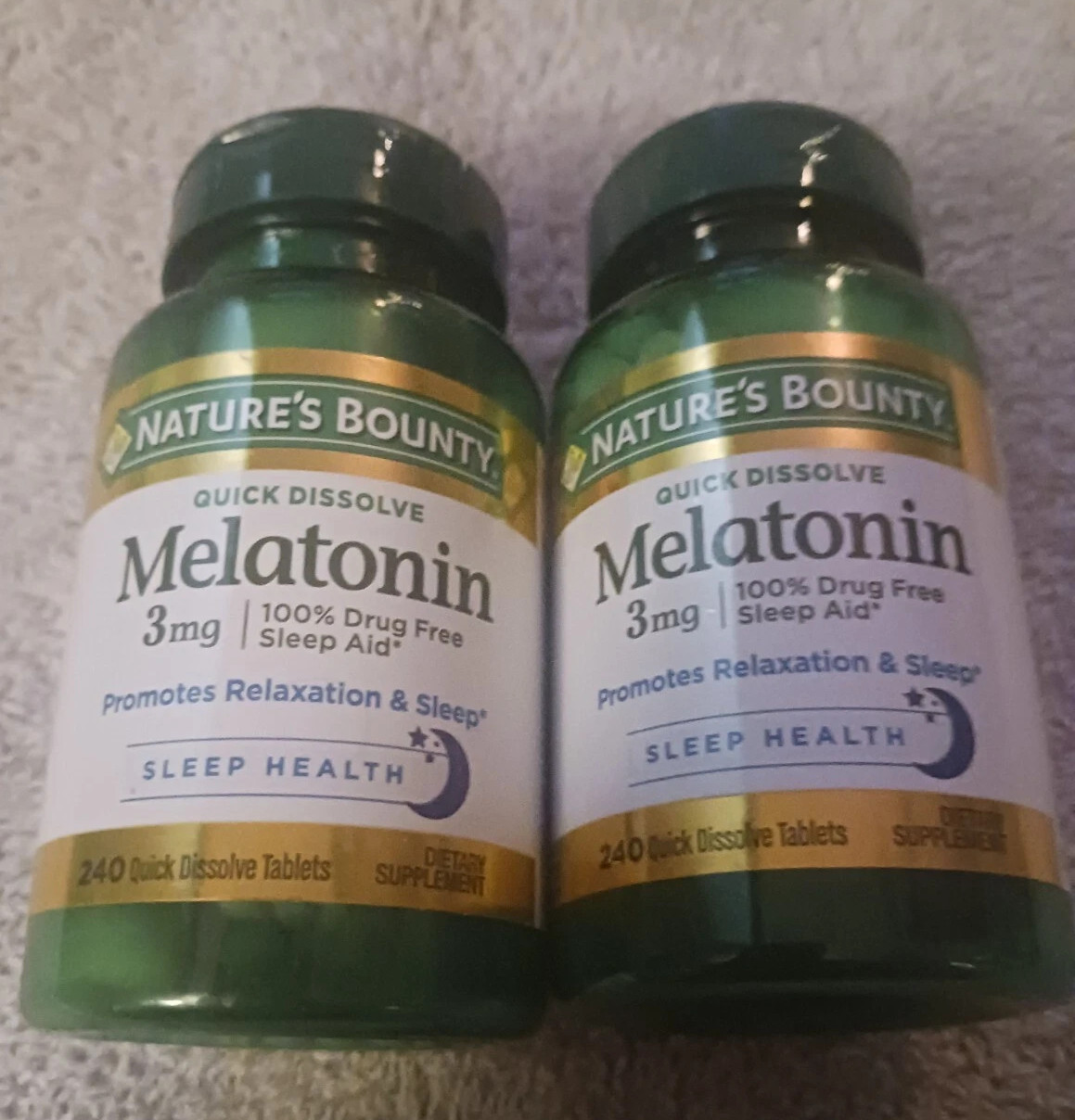 Lot 2. Nature’s Bounty Melatonin 3mg. Drug Free Sleep Aids. 120ct ea. Exp. 05/25
