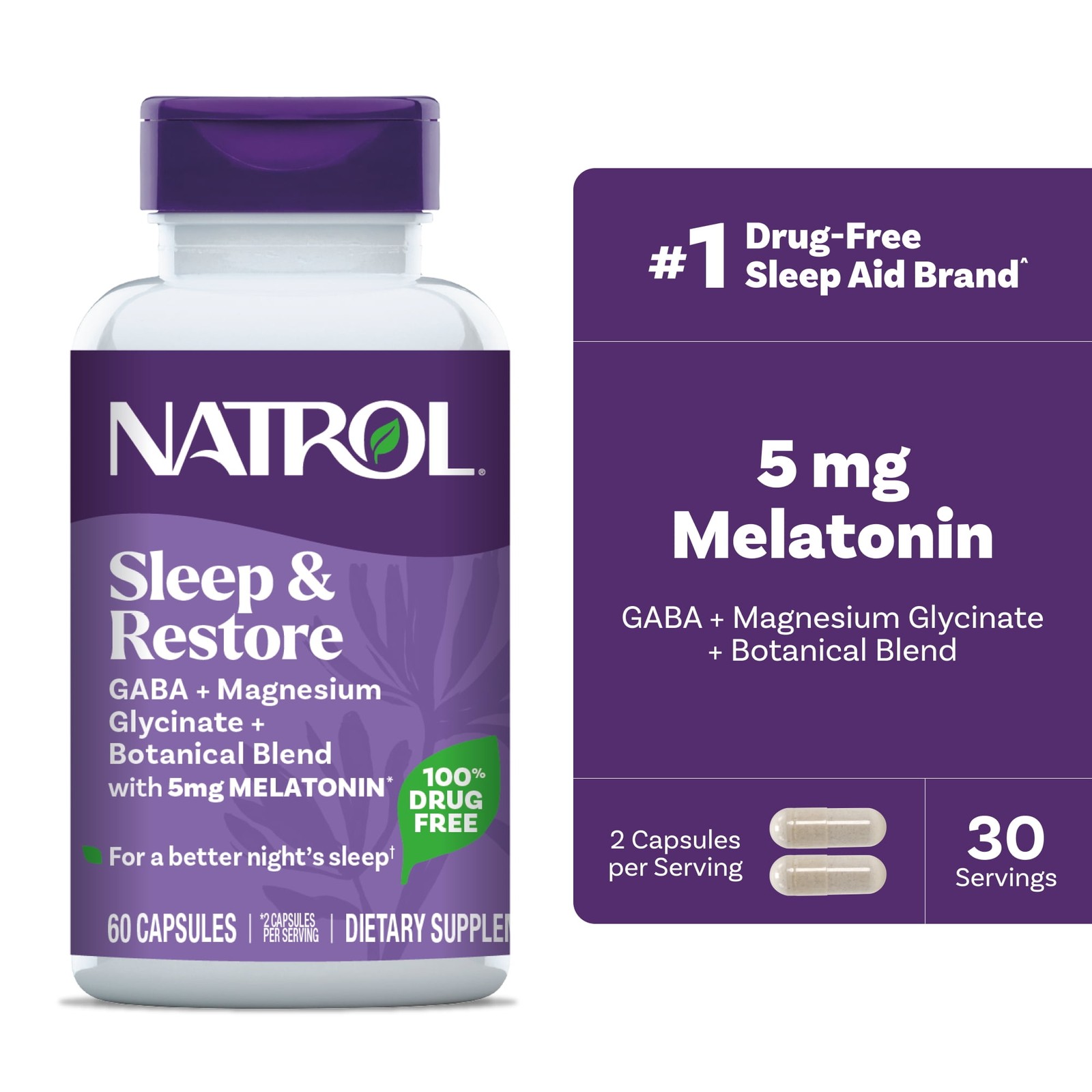 Natrol® Sleep & Restore – GABA, Mg Glycinate, 5mg Melatonin, 30-Day