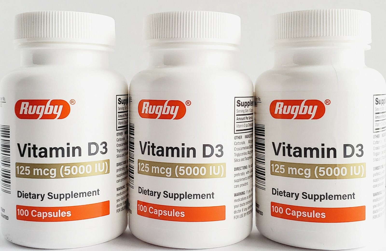 Rugby Vitamin D3 5000 IU (125mcg) 100 Capsules -3 Pack  -Exp Date 05-2026