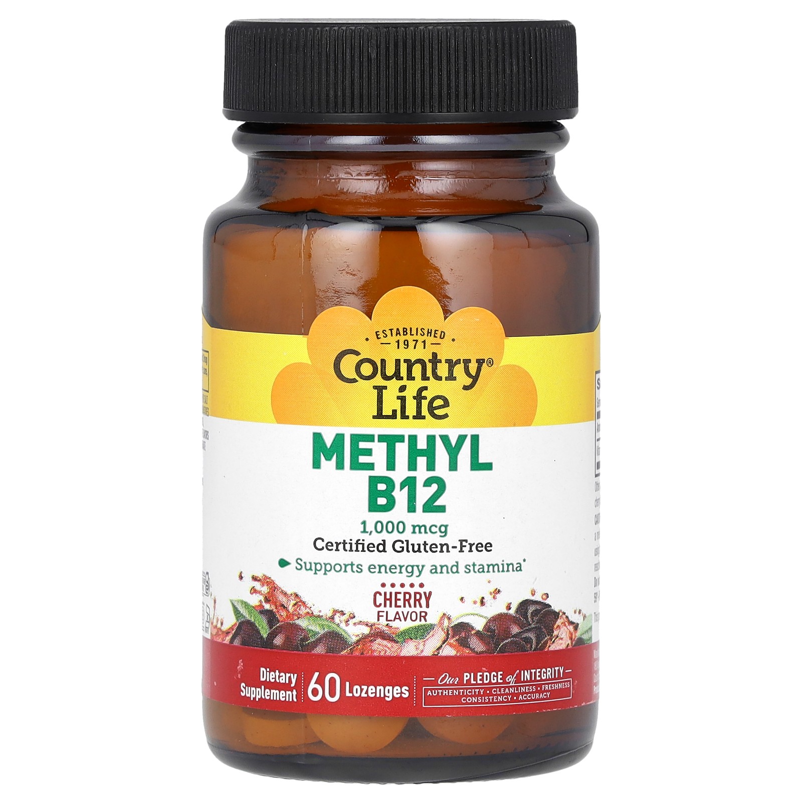 Country Life Methyl B12 Cherry Flavor 1000 mcg 60 Lozenges Gluten-Free, GMP