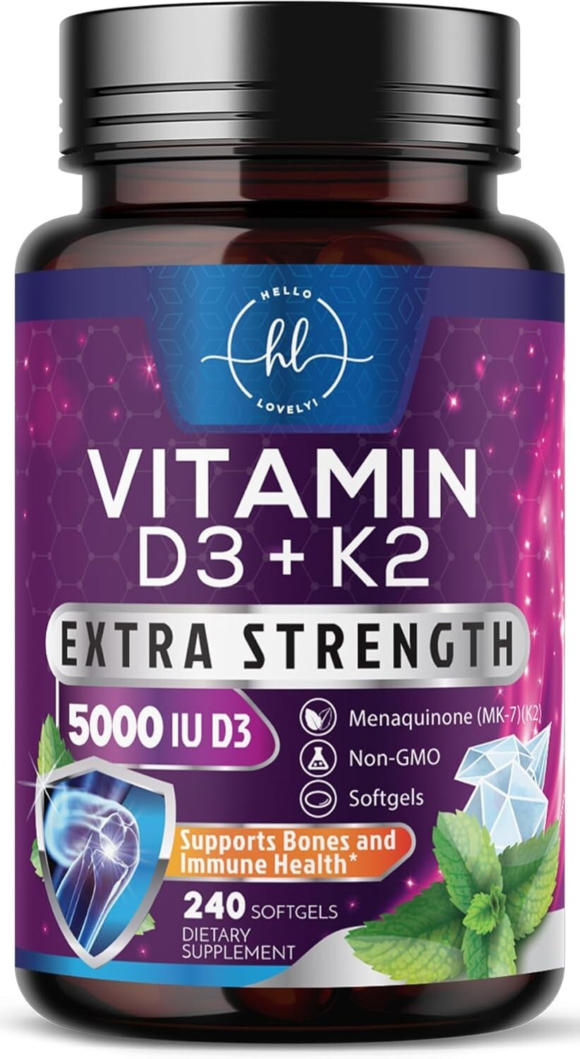 Vitamin D3 5000 IU with K2 100mcg – Complex Softgels Bone Teeth & Immune Support
