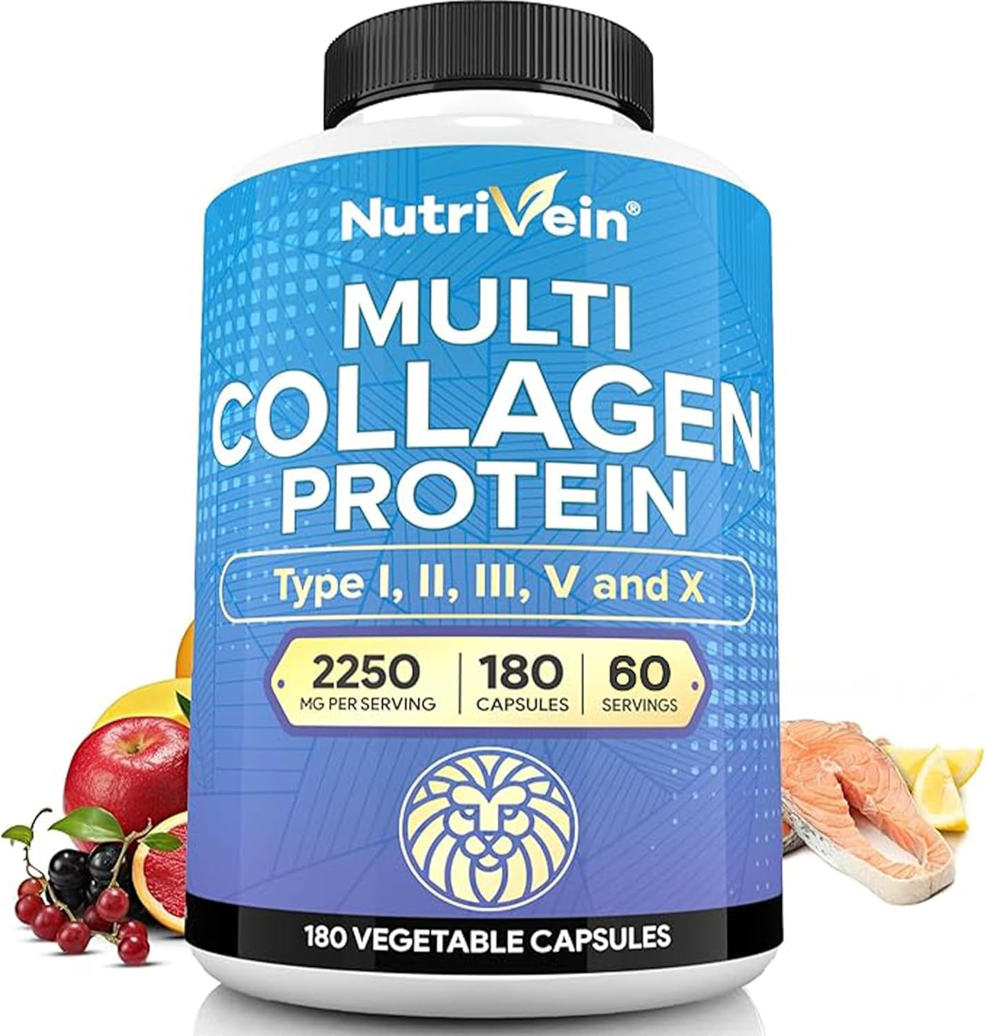 Nutrivein Multi Collagen 2250mg Type I, II, III, V, X, 180 Caps, Hair & Joints