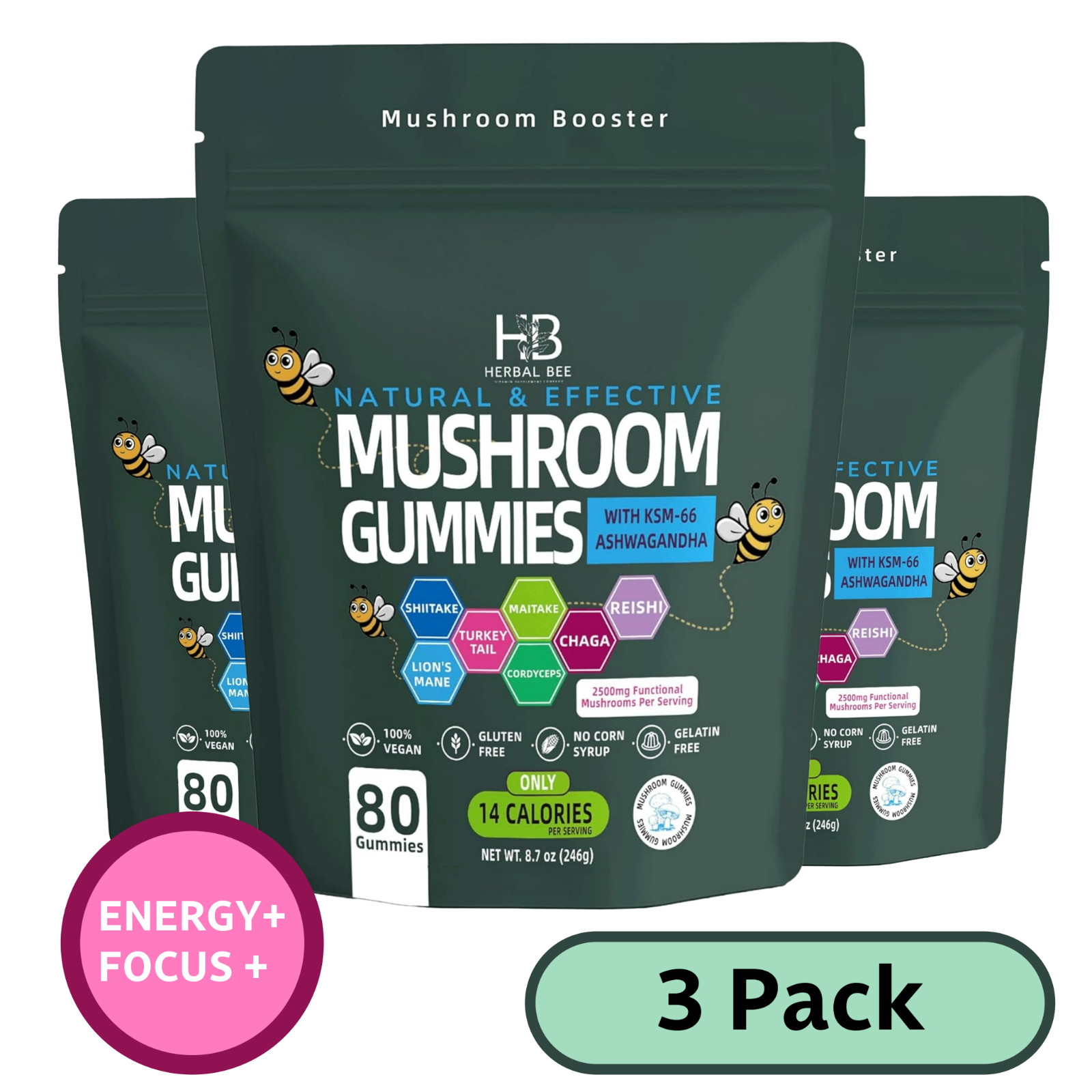 Functional Mushroom Gummies, 2500mg w/Ashwagandha  Lions Mane for Focus Immunity