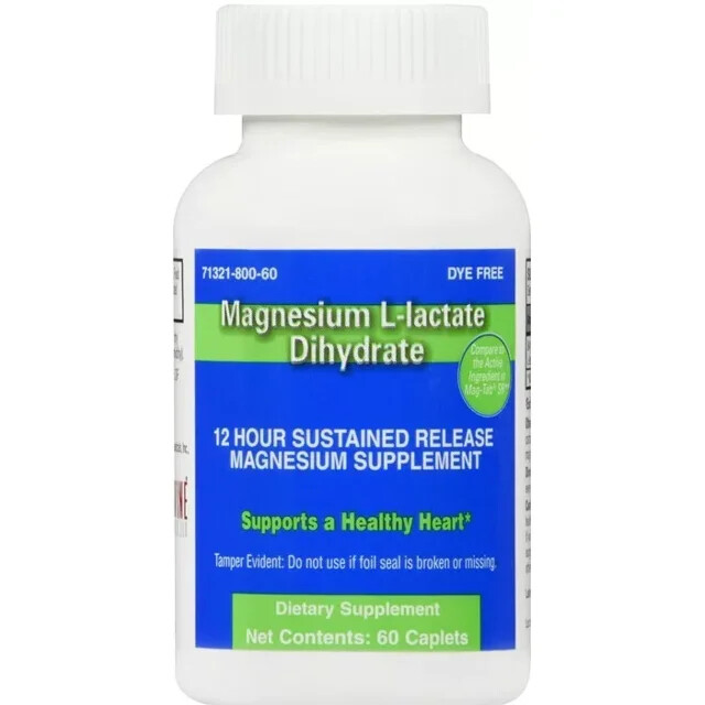 Magnesium L-lactate Dihydrate Dietary Supplement Caplets Dye Free Formula 60 Ct