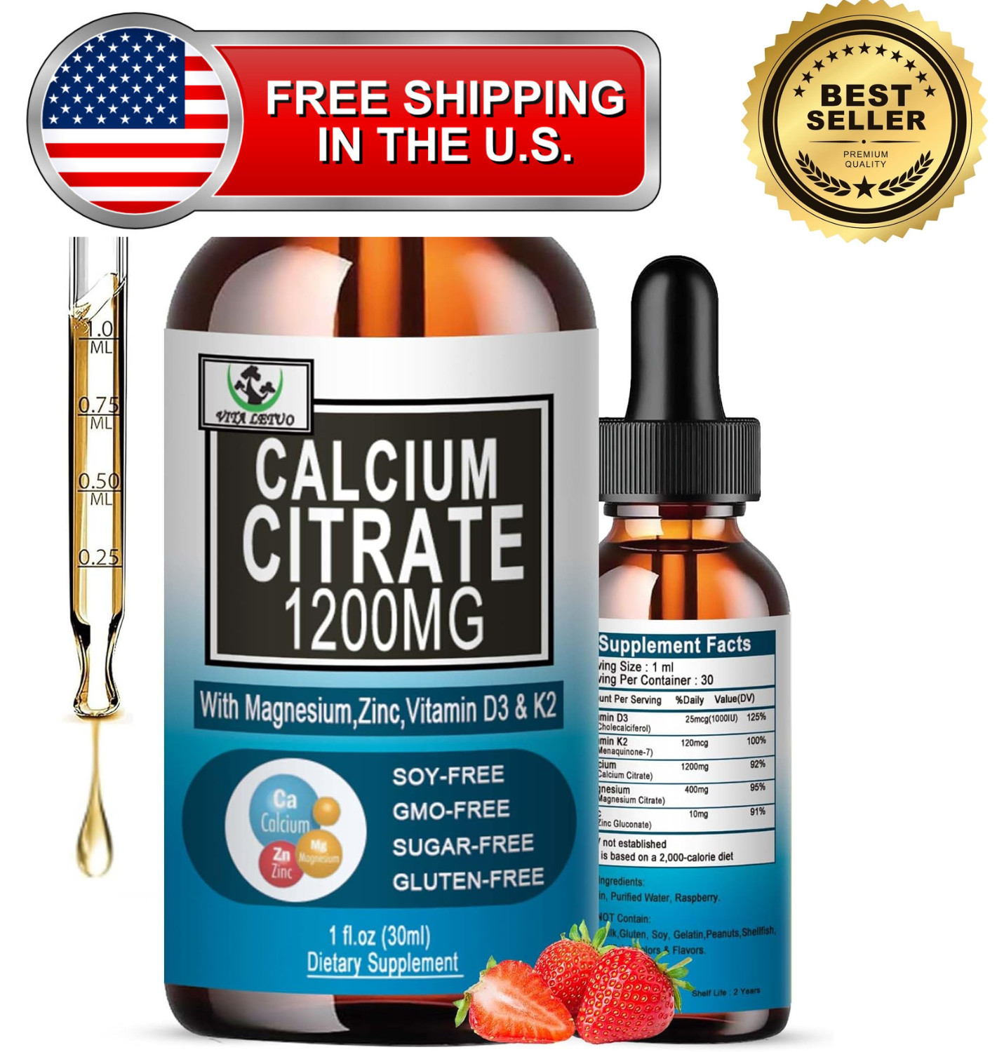 Calcium Citrate Supplement,1200mg Calcium with Vitamin D3 Drops 30 Servings
