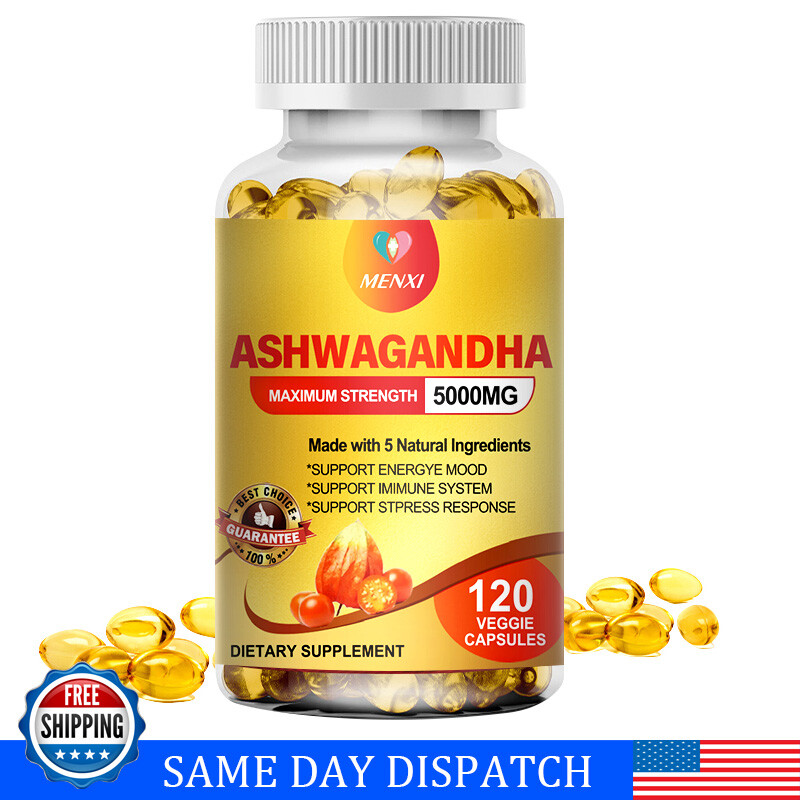 Organic Ashwagandha Capsules 5000mg Supplement w/ Black Pepper Root Powder