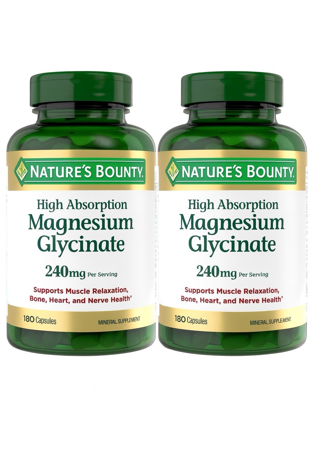 Nature’s Bounty High Absorption Magnesium Glycinate 240 mg, 180 Capsules, 2 Pack