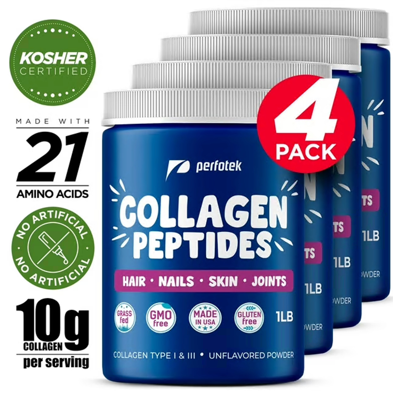 Perfotek Collagen Powder for Women Men Types I-III Unflavored Easy to Mix 4LB